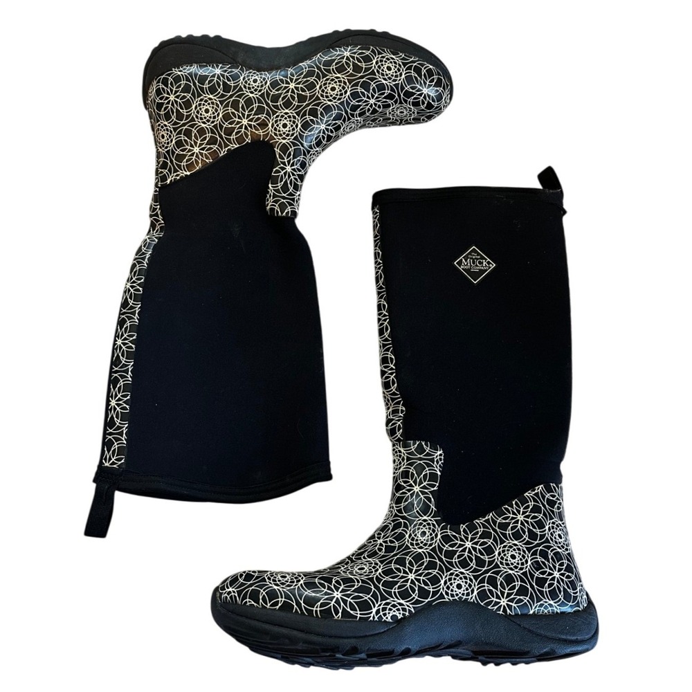 Muck Boot Black White Geometric Floral Rain Boots Women's 10